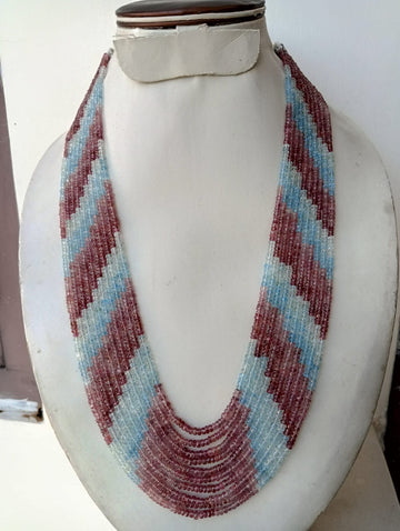 Natural Pink Tourmaline + Natural Blue Aquamarine Faceted Beads Necklace Jewelry