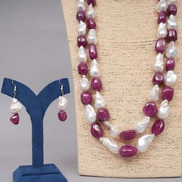 Natural Pearl Baroque and Natural Ruby smooth Tumble necklace with Earrings