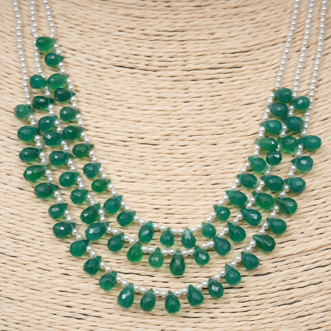 Natural Green Onyx Faceted Drops with Pearls