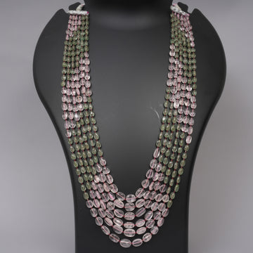 Natural Rose Quartz & Green Strawberry Quartz Ovals with Garnet Beads