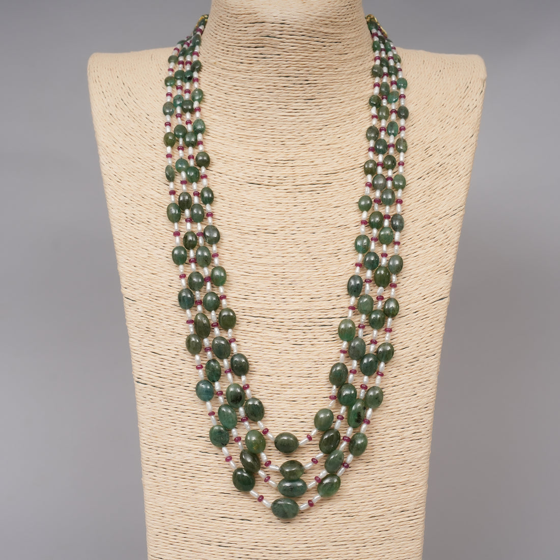 Natural Zambian Emerald Smooth Ovals with Ruby Beads & Pearls
