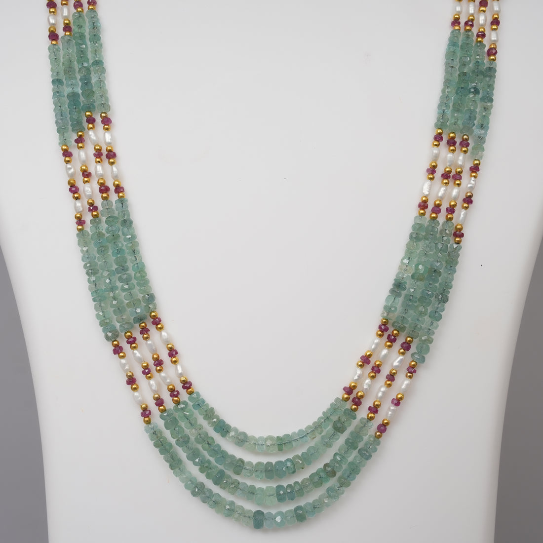Zambian Emerald faceted beads with Rice Pearls and Ruby Beads