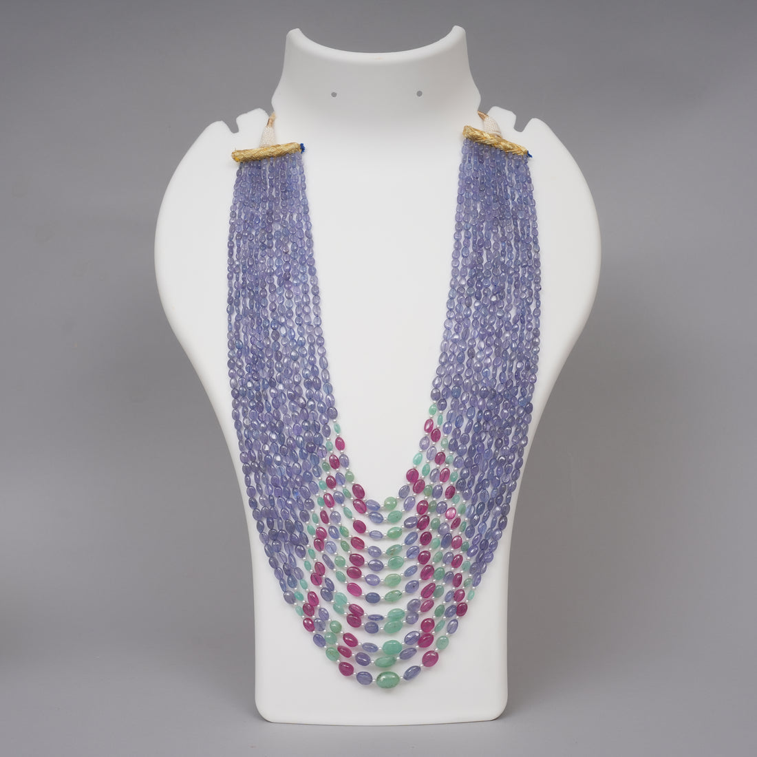 Natural Tanzanite Smooth ovals with Colombian Emerald and Ruby smooth ovals and pearls