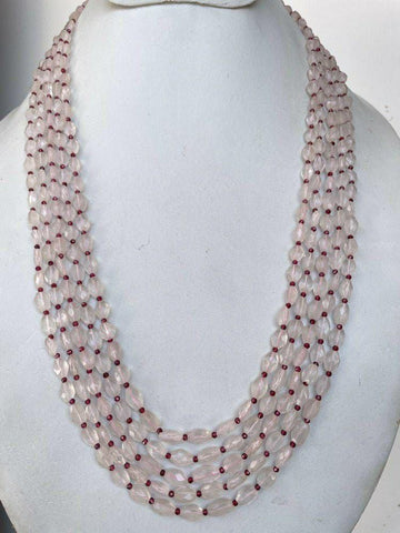 Natural Rose Quartz Faceted Ovals with Garnet Beads Necklace Jewelry