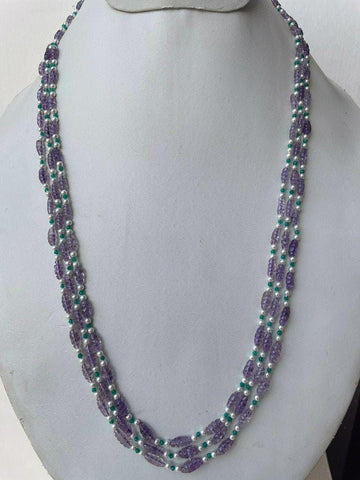 Natural Amethyst Carved Spring Drops with Green Onyx Beads and Pearls Necklace Jewelry