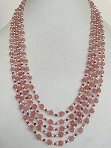 Natural Pink Aventurine Faceted Round Beads with Garnet beads and Pearls Necklace Jewelry