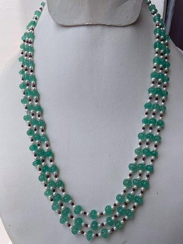 Natural Green Beryl Carved Melons with Garnet Beads and Pearls Necklace Jewelry