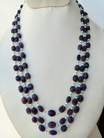 Natural Amethyst Carved Ovals with Green Onyx Beads and Pearls Necklace Jewelry