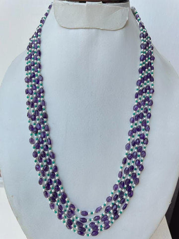 Natural Amethyst Faceted Ovals with Green Onyx Beads and Pearls Necklace Jewelry