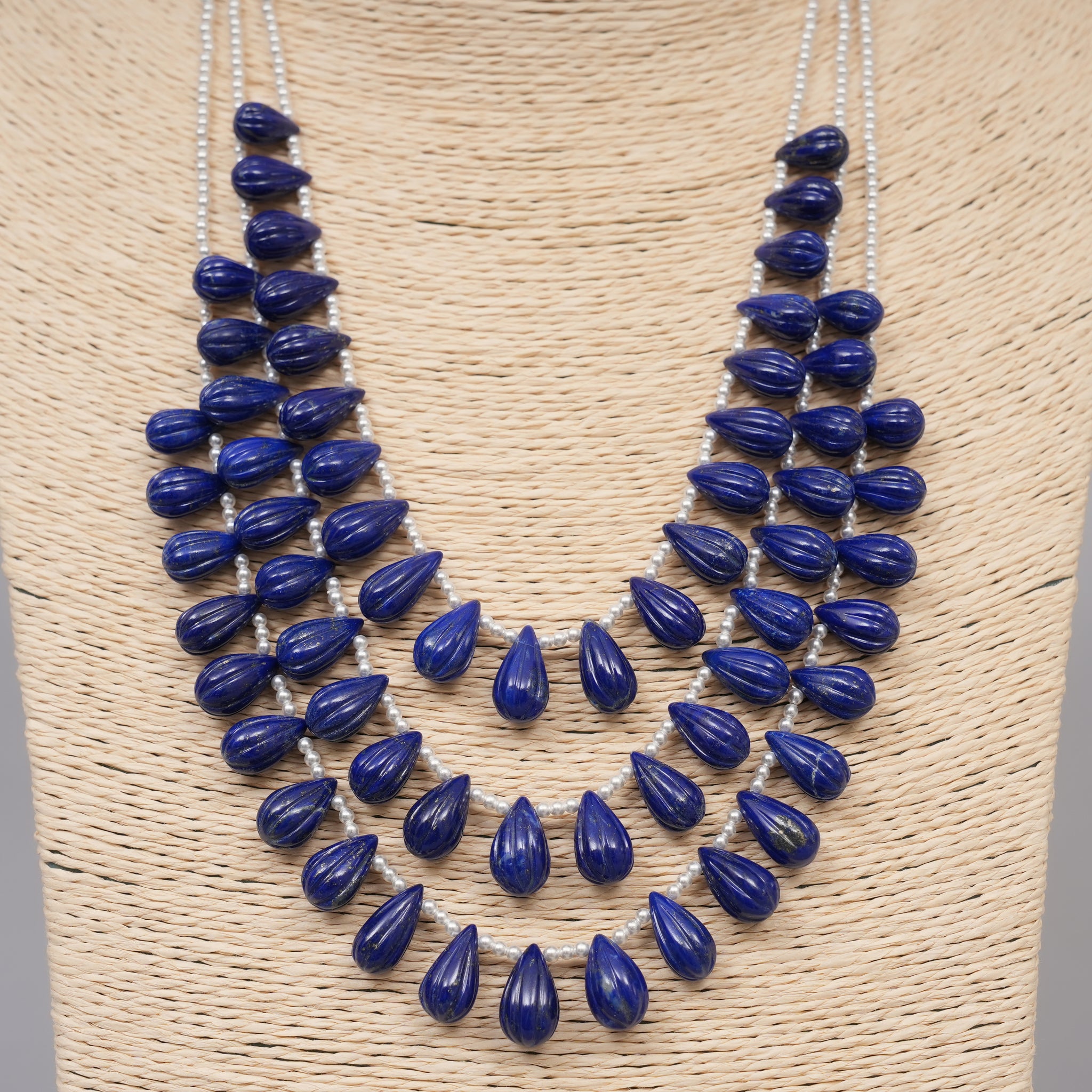 Natural Lapis Lazuli Carved drops with pearls necklace