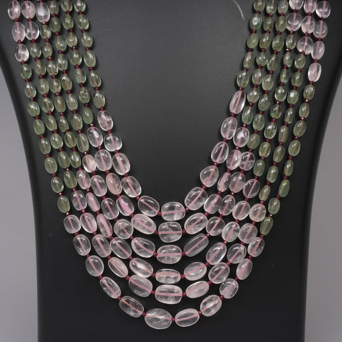 Natural Rose Quartz & Green Strawberry Quartz Ovals with Garnet Beads