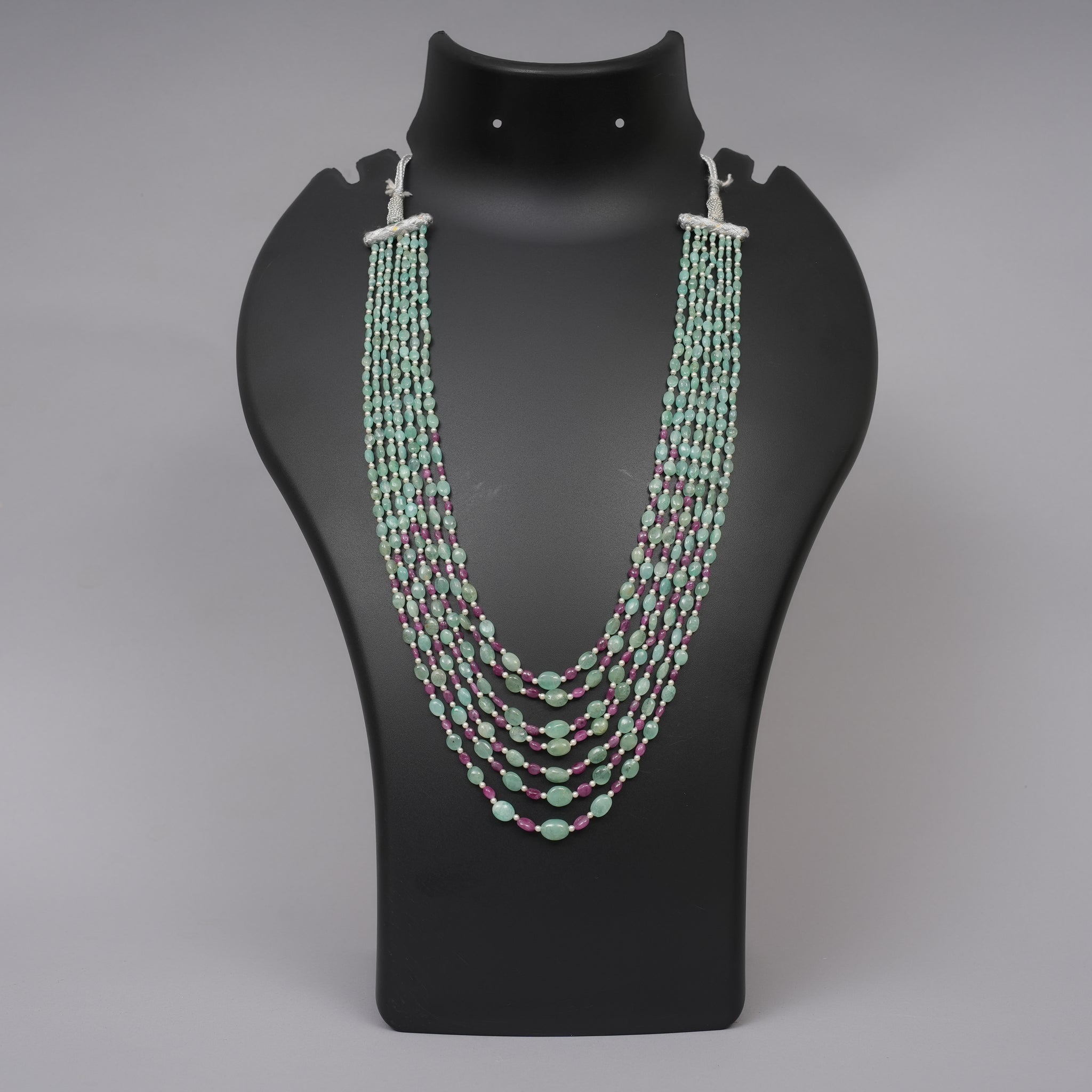Natural Colombian Emerald & Burma Ruby Smooth Ovals with Pearls