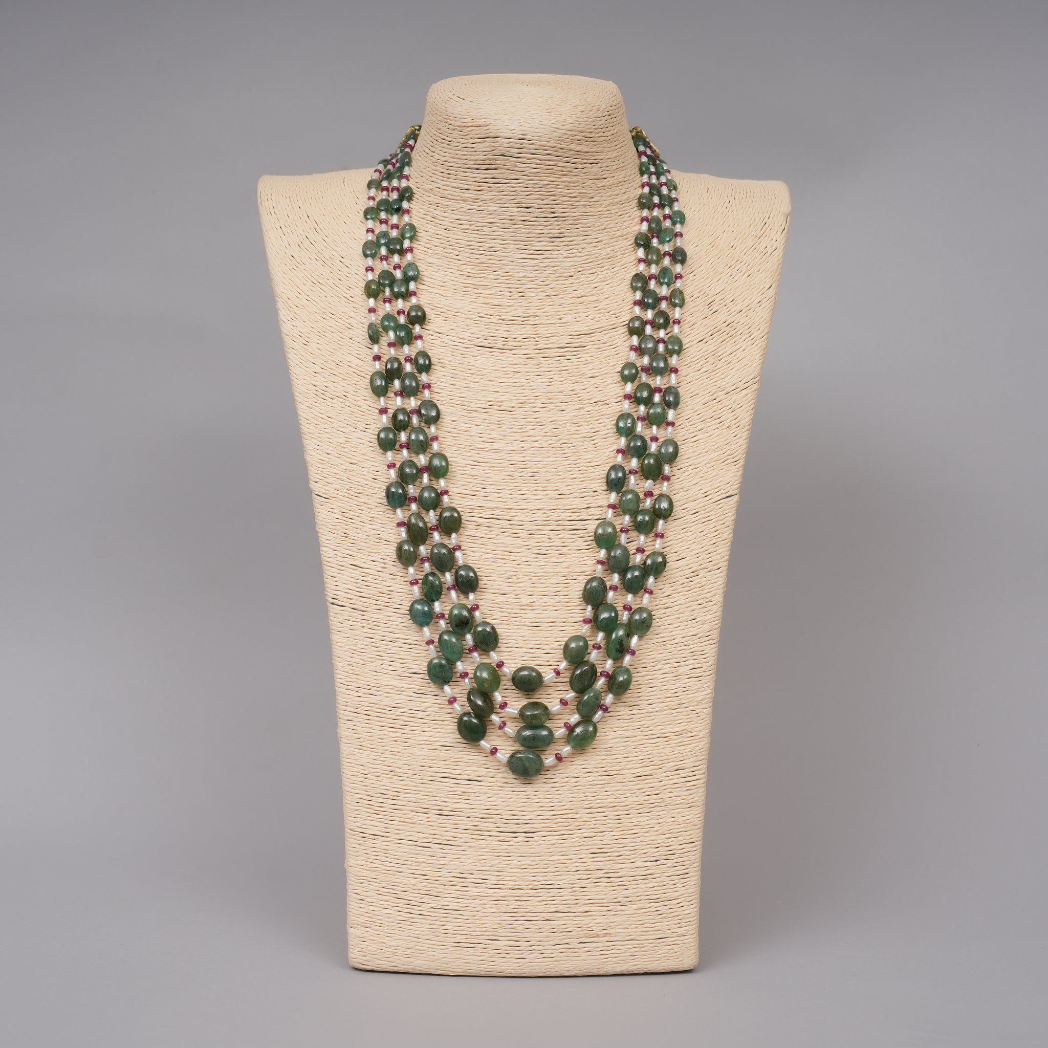 Natural Zambian Emerald Smooth Ovals with Ruby Beads & Pearls