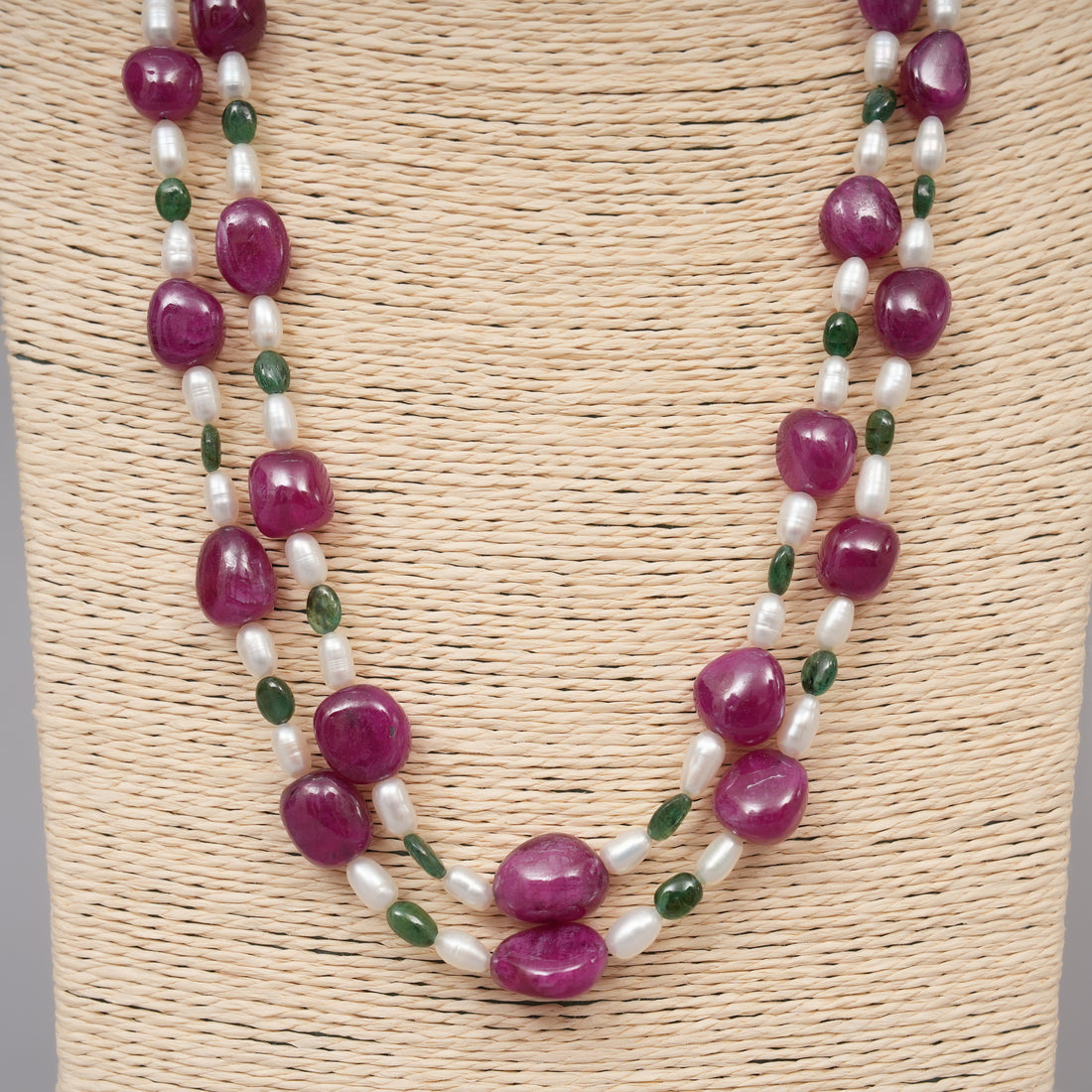 Natural Ruby Smmoth Ovals with Zambian Emerald Smooth Ovals and Pearls