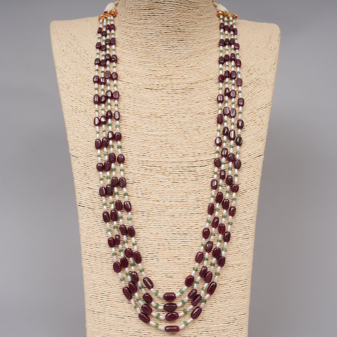 Natural Ruby Smooth ovals with Emerald smooth beads and Pearls