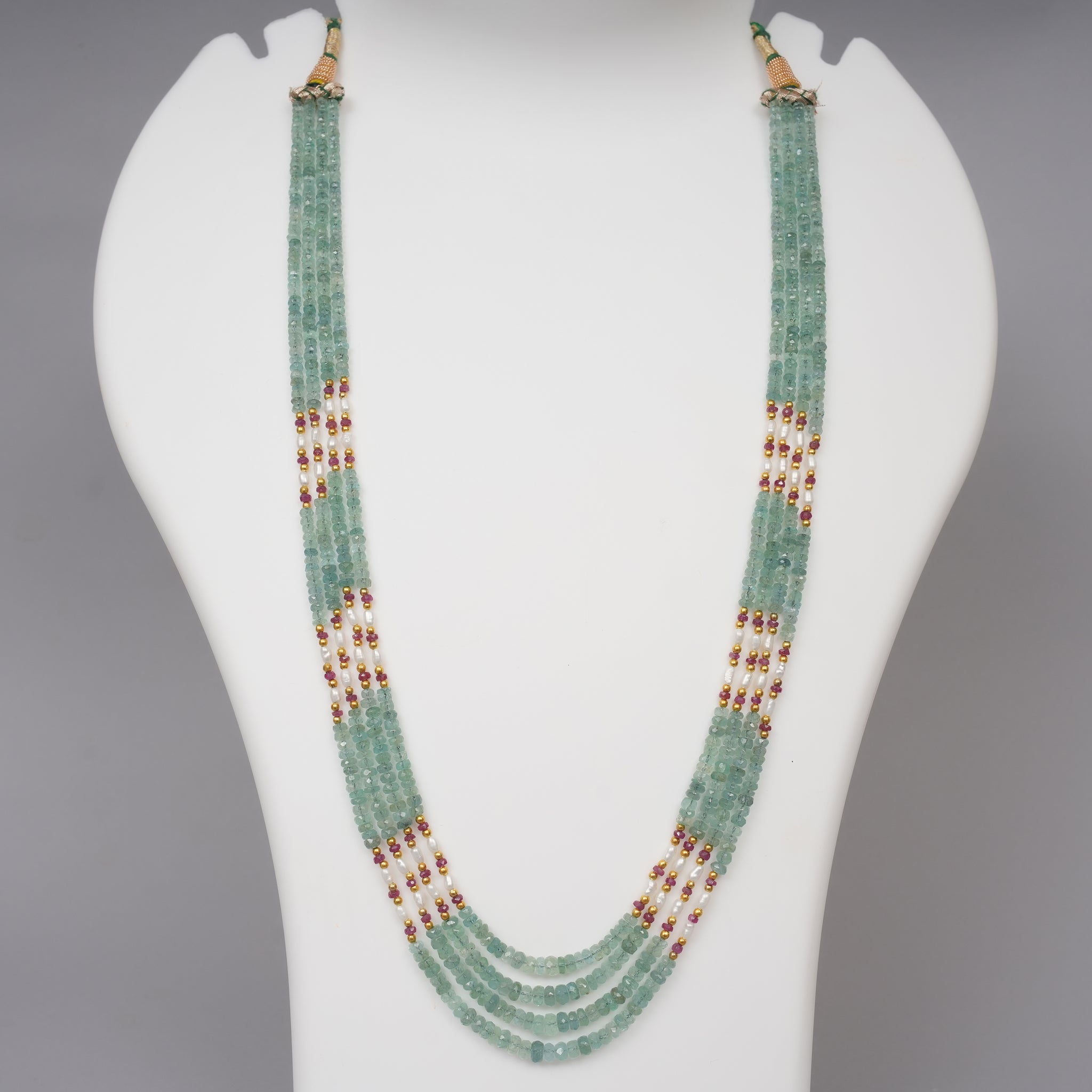 Zambian Emerald faceted beads with Rice Pearls and Ruby Beads