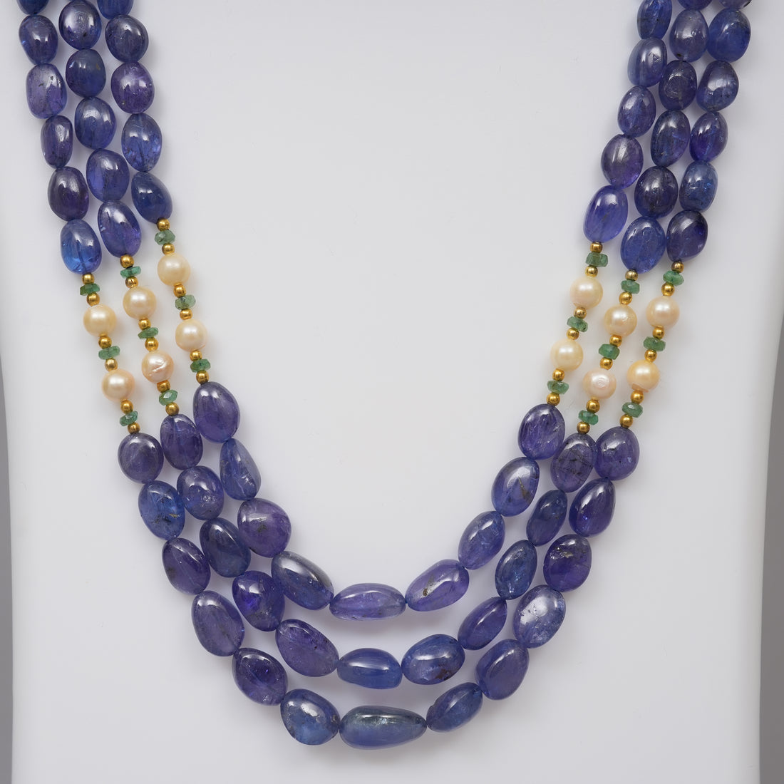 Natural Tanzanite Smooth Ovals with Akoya Pearls & Emerald Beads