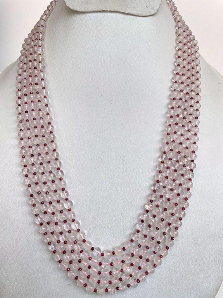 Natural Rose Quartz Smooth Round Beads With Garnet Beads Necklace Jewelry
