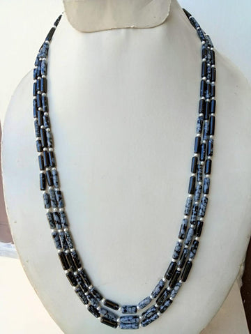 Natural Dendritic Agate Smooth Tubes with Pearls Necklace Jewelry