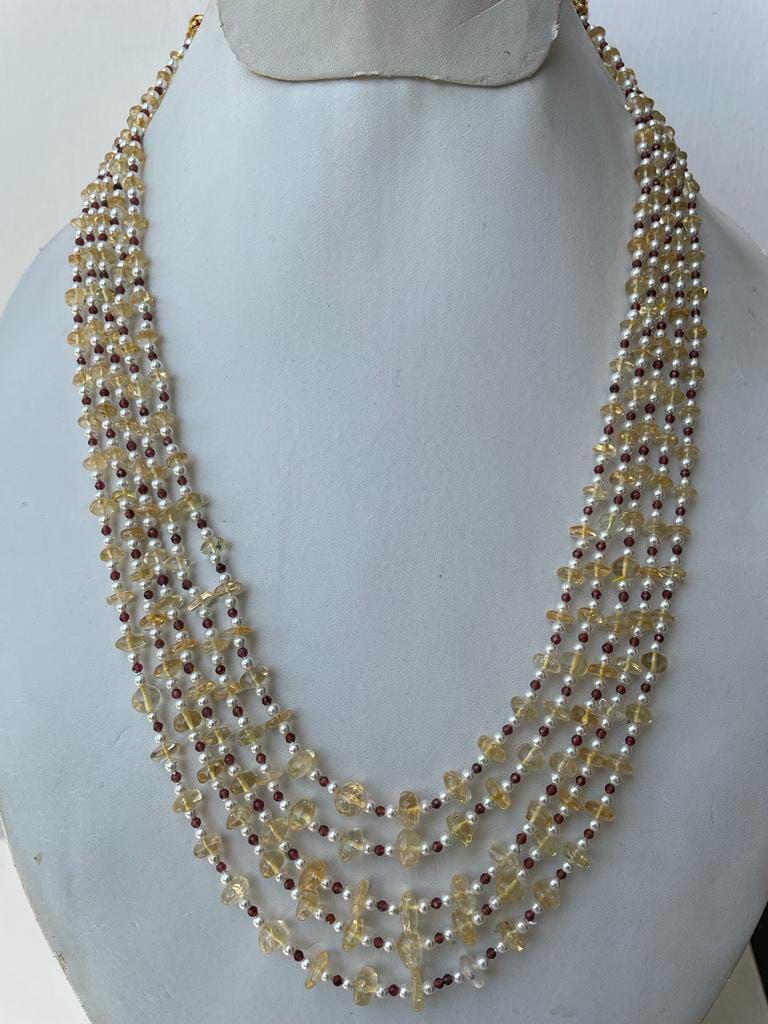 Natural Citrine Smooth Beads with Garnet Beads and Pearls Necklace Jewelry
