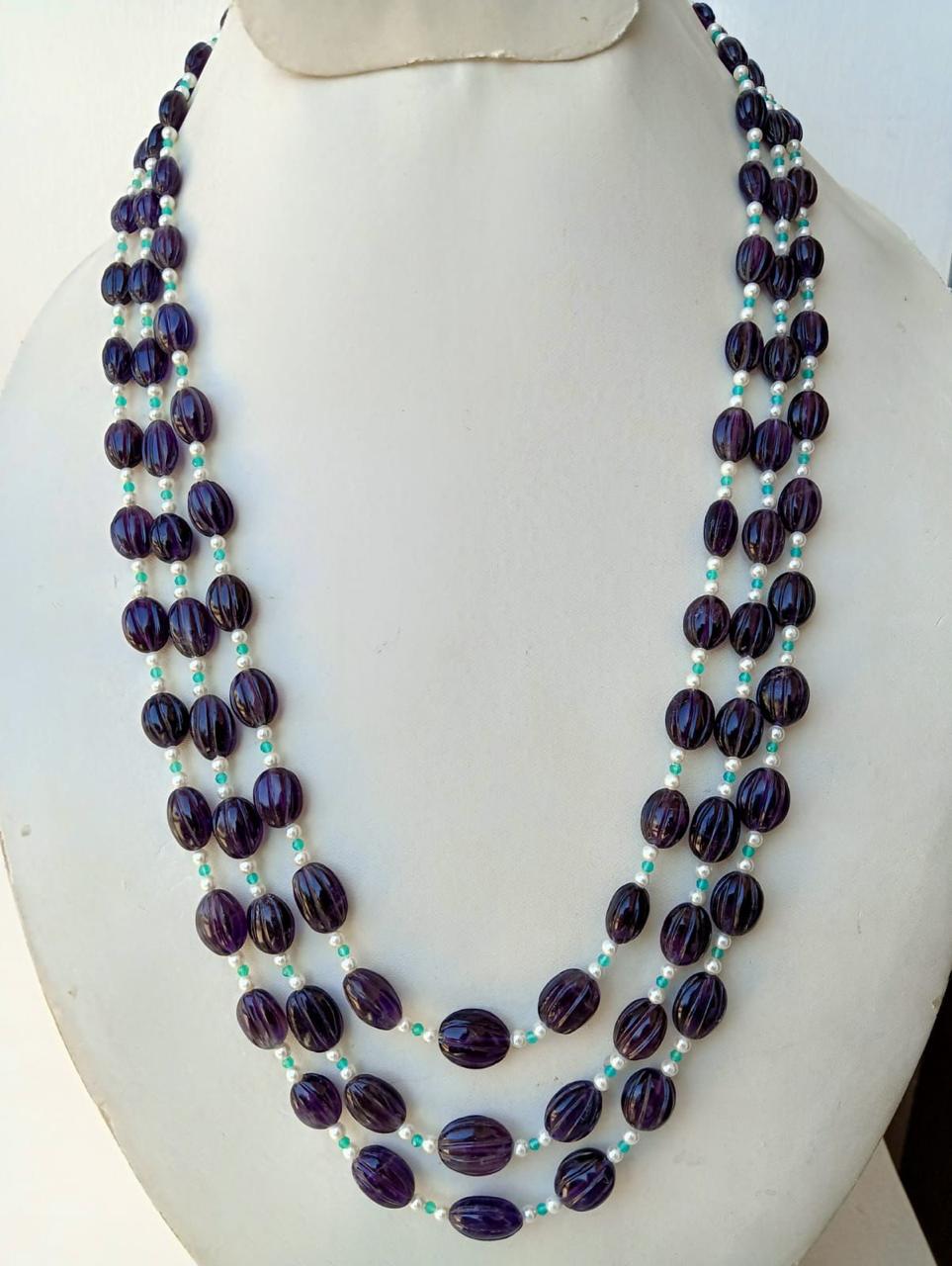 Natural Amethyst Carved Ovals with Green Onyx Beads and Pearls Necklace Jewelry