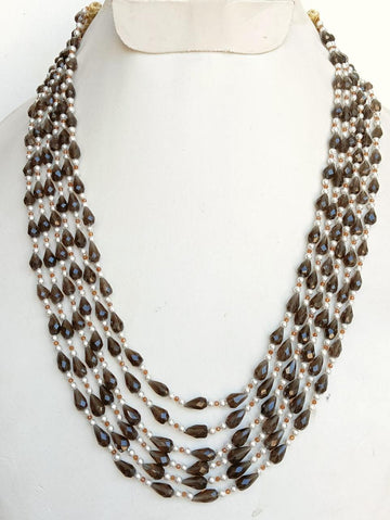 Natural Smoky Quartz Faceted Drops with Hessonite Beads and Pearls Necklace Jewelry