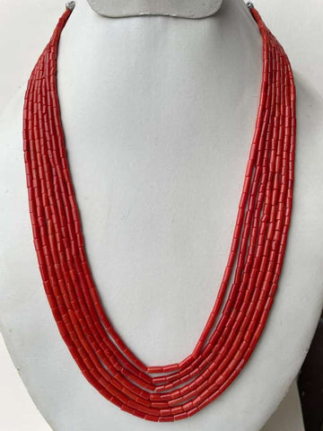 Natural Italian Coral Smooth Tube Beads – 7-Strand Necklace
