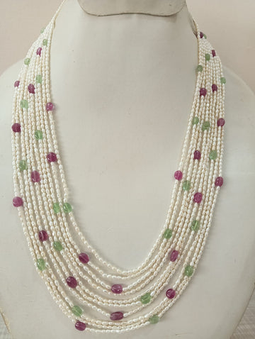 Natural Freshwater Rice Pearls with Ruby & Green Strawberry Quartz – 10-Strand Necklace
