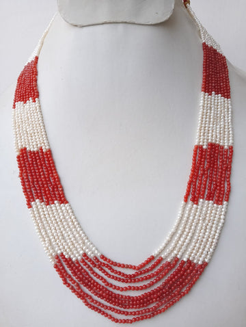 Natural Italian Coral & Natural Pearls Smooth Round Beads – 9-Strand Necklace